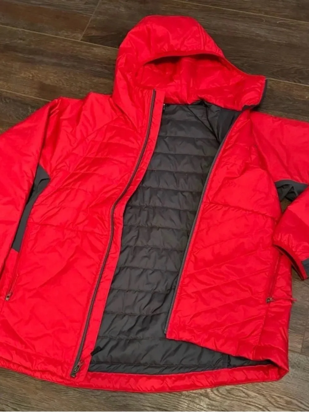 The North Face Red Hooded Puffer Jacket with Gray Panels
